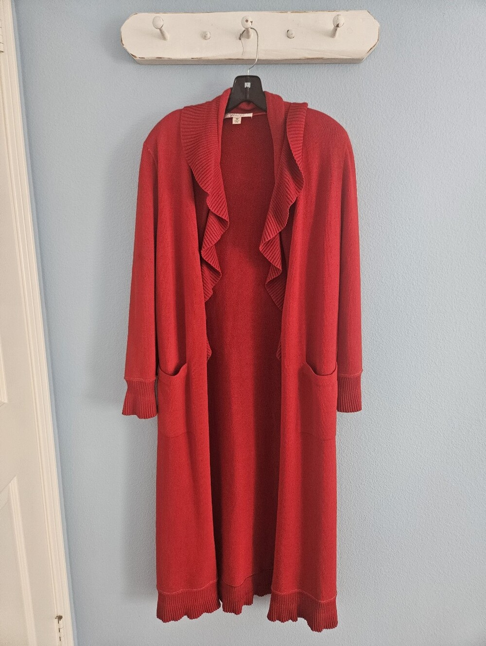St. John Red Ruffle-Trim Long Open Cardigan